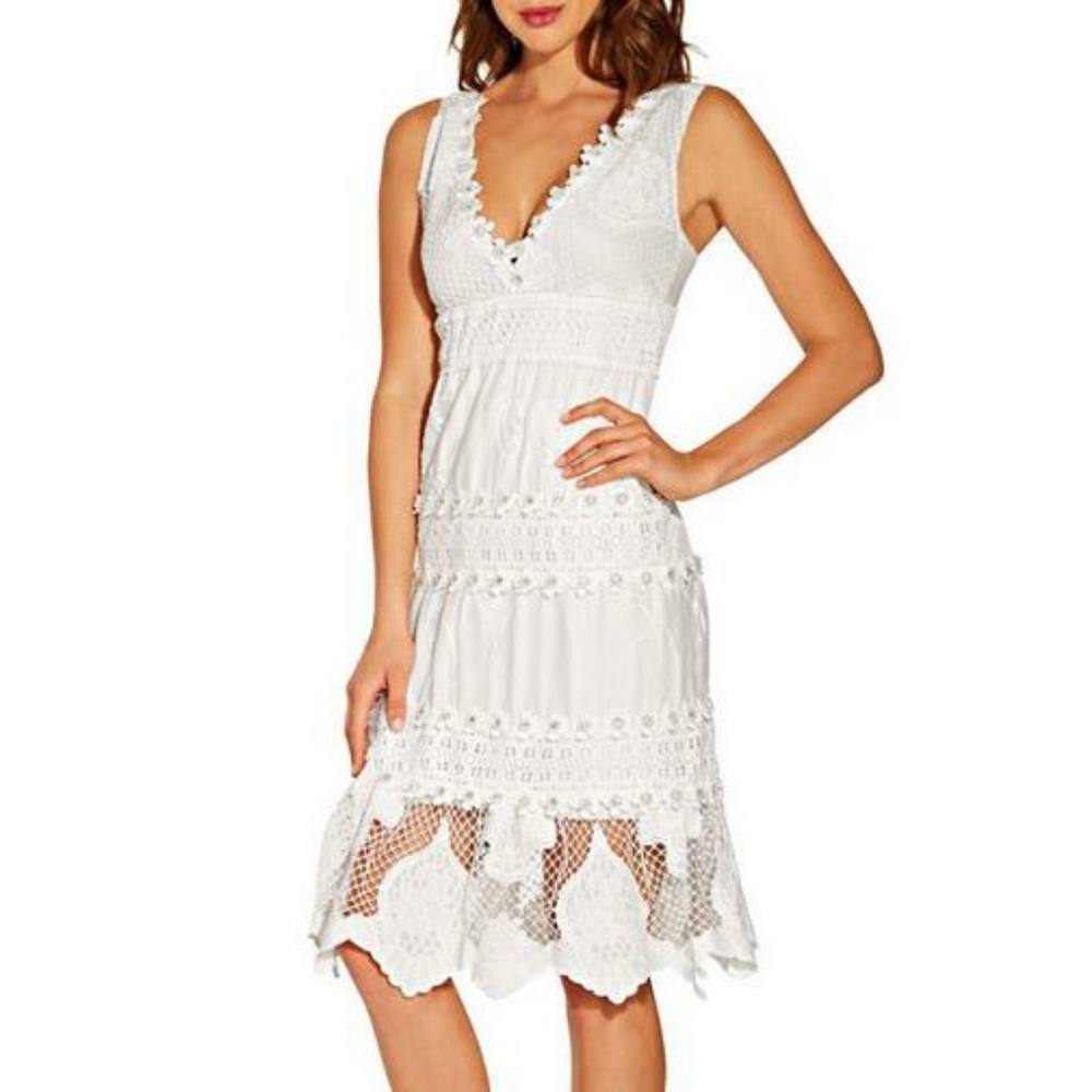 Boston Proper WHITE CROCHET SUNDRESS WITH SEQUINS